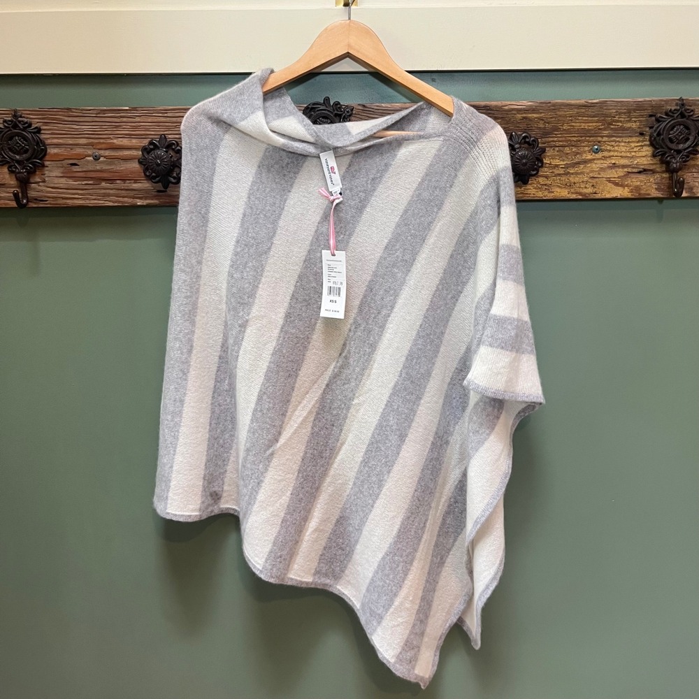 Vineyard Vines Cashmere Tipped Poncho Gray Frost Striped Wrap 2X001053-4103 XS/S